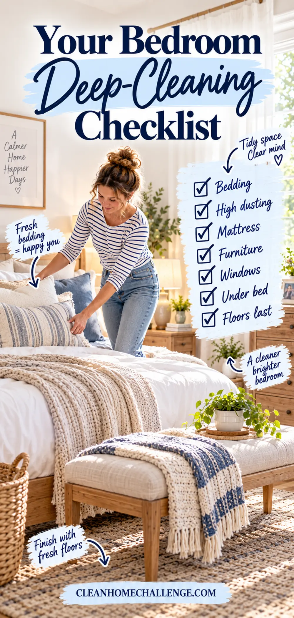 Fresh calm bedroom with a checklist for bedding, high dusting, furniture, windows, mattress and floors.