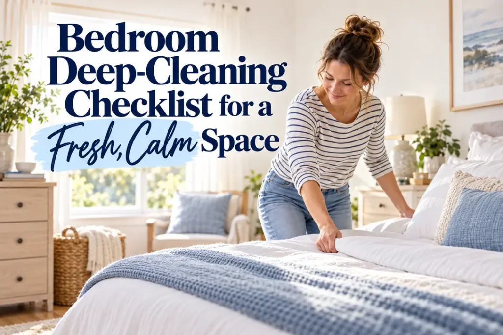 Woman making a fresh blue-and-white bed beneath a Bedroom Deep-Cleaning Checklist headline.