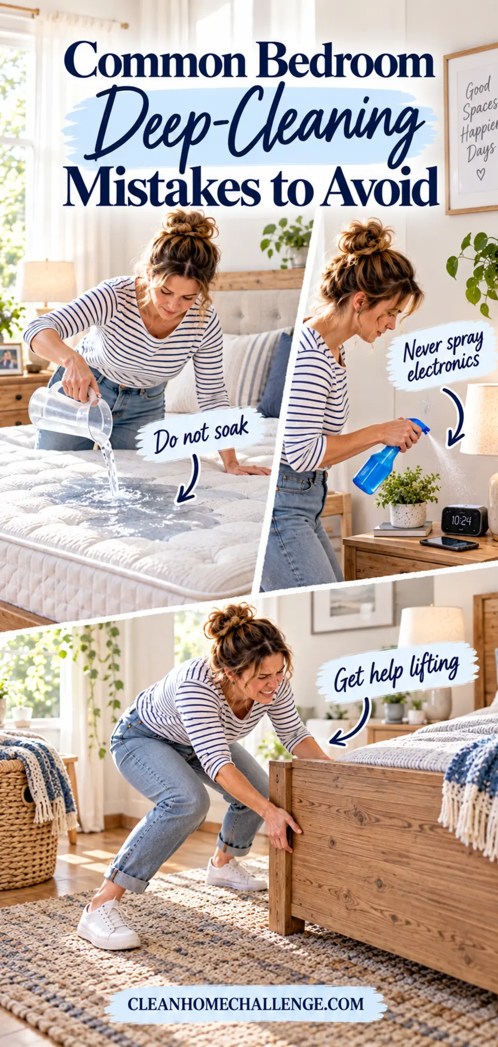 Mattress-cleaning image with reminders not to soak surfaces, mix cleaners or move heavy furniture alone.