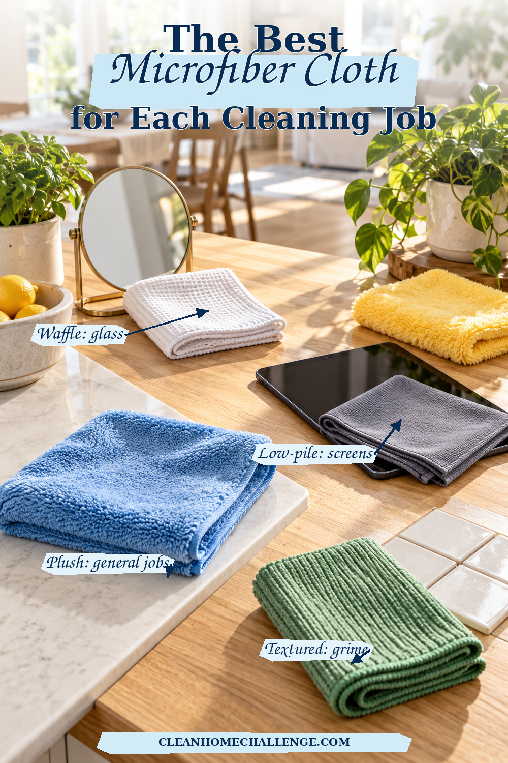 Four microfiber cloth textures labeled for glass, screens, general cleaning and grime