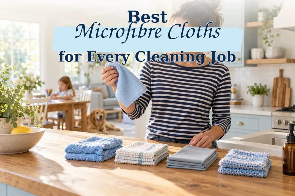 A busy mum compares different microfiber cleaning cloths on a bright kitchen island