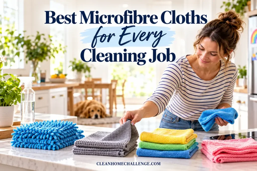Woman comparing plush, waffle and smooth microfiber cloths on a sunlit kitchen island