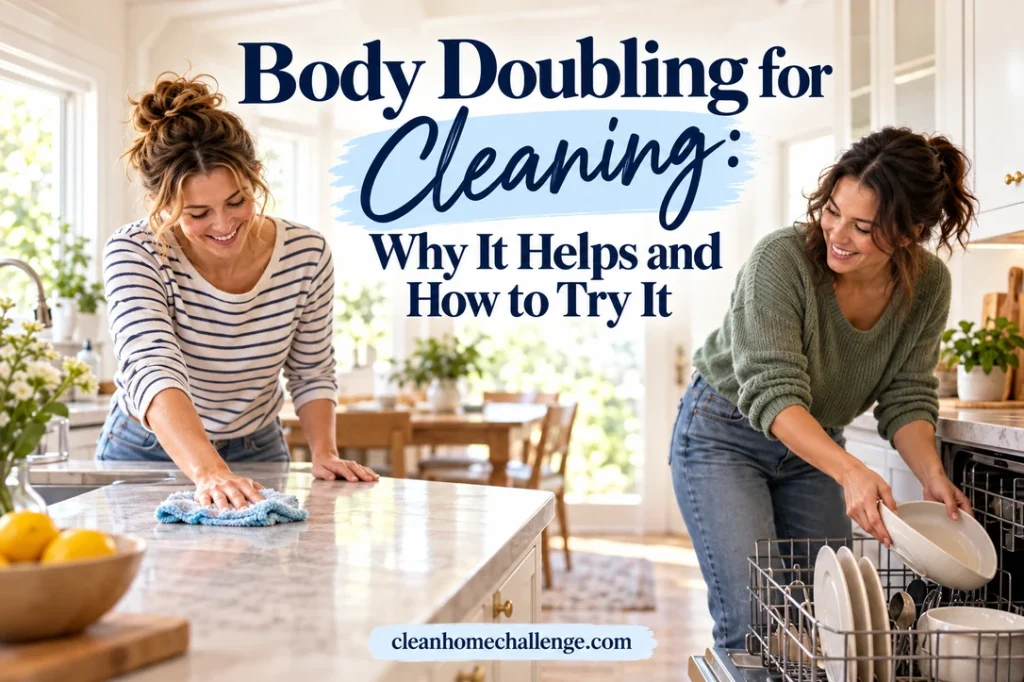 Two women wipe a kitchen counter and load the dishwasher during a shared cleaning session.
