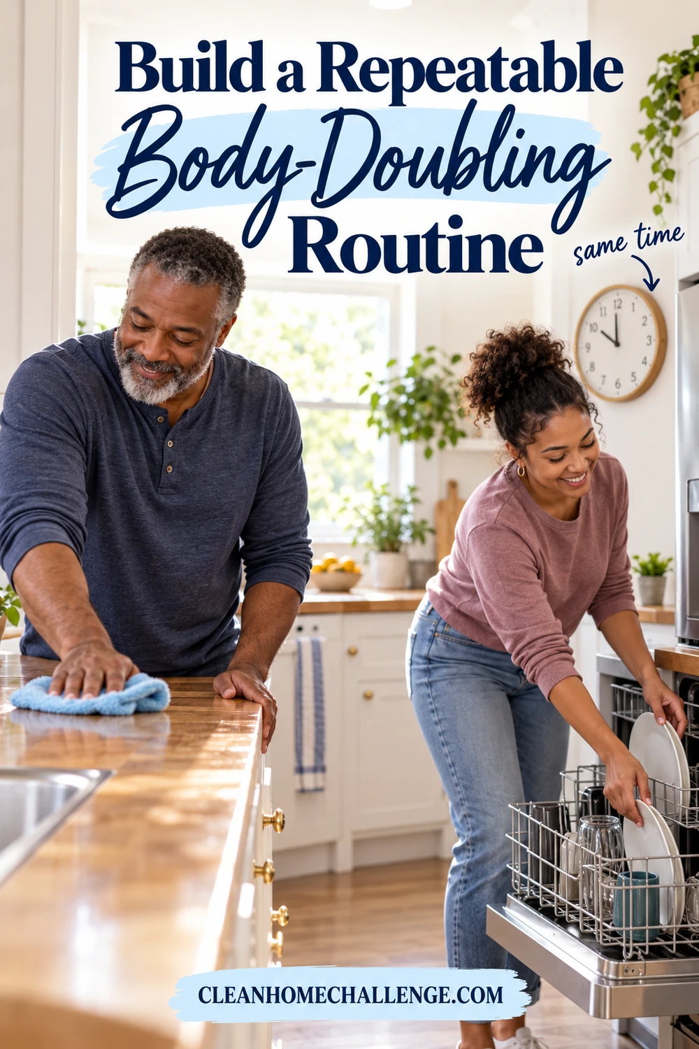 An older man wipes the kitchen counter while his adult daughter loads dishes.