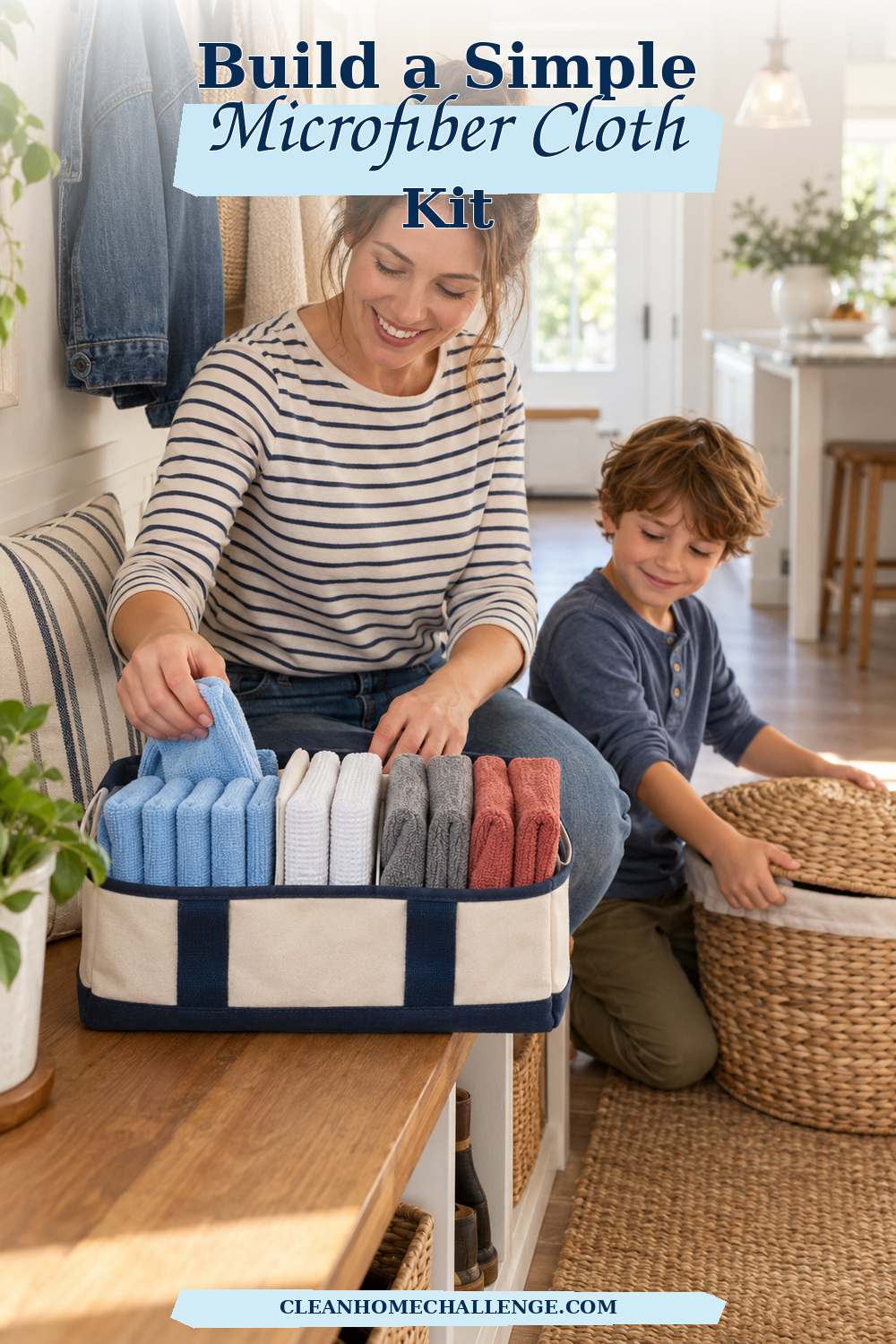 Mum and child organizing color-sorted microfiber cloths in a cleaning caddy