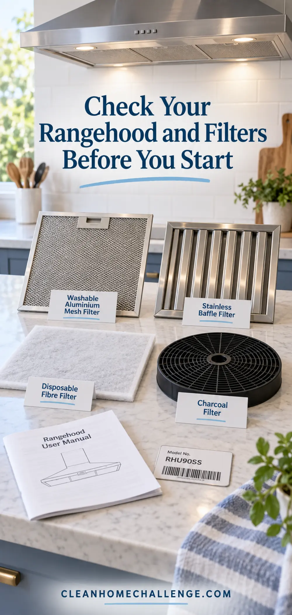 Four common rangehood filter types labelled on a kitchen counter beside an appliance manual.