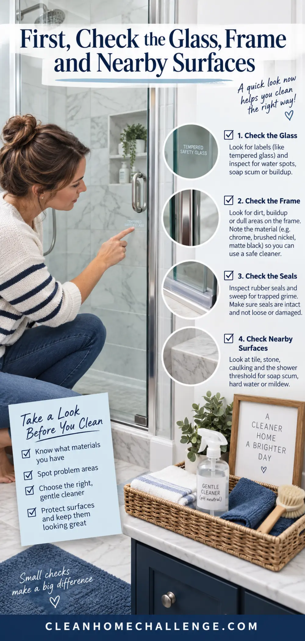 Woman inspecting a shower glass label, frame, seal and nearby surfaces before cleaning.
