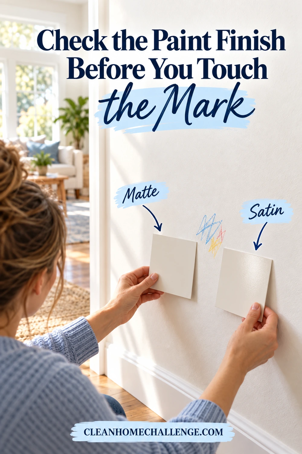 Hands hold matte and satin paint sample cards beside a small crayon mark on a painted wall.