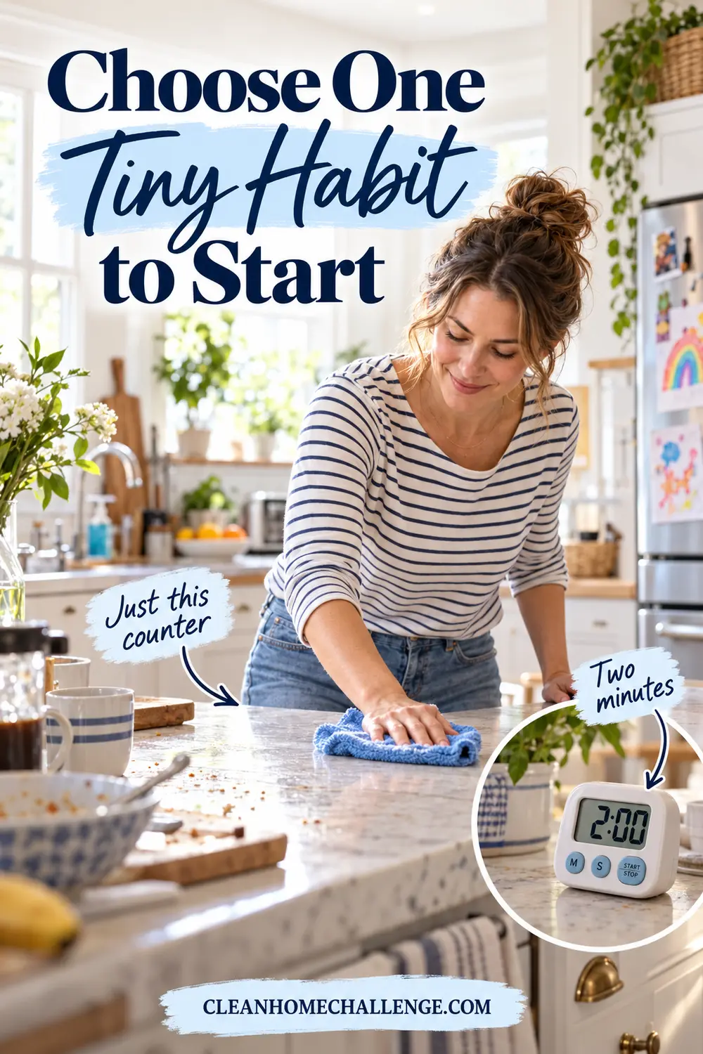 Woman wiping one kitchen counter as a two-minute daily cleaning habit