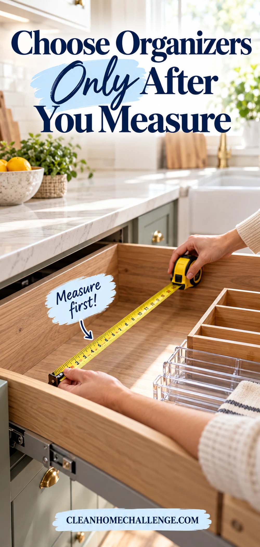 Tape measure inside a kitchen drawer beside adjustable dividers and a written measurement note.