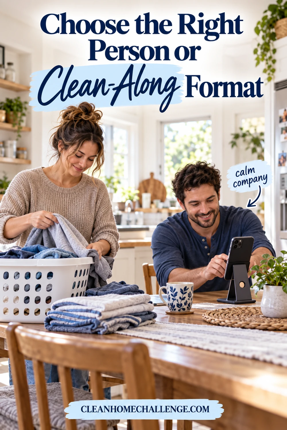 A woman folds laundry beside a calm companion using a phone stand at the table.
