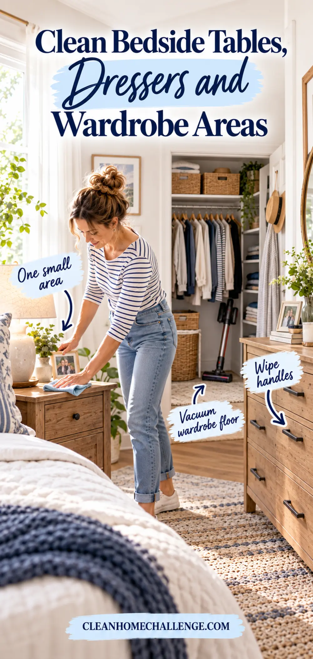 Mum cleaning bedroom storage areas including a wardrobe, bedside furniture and dresser.