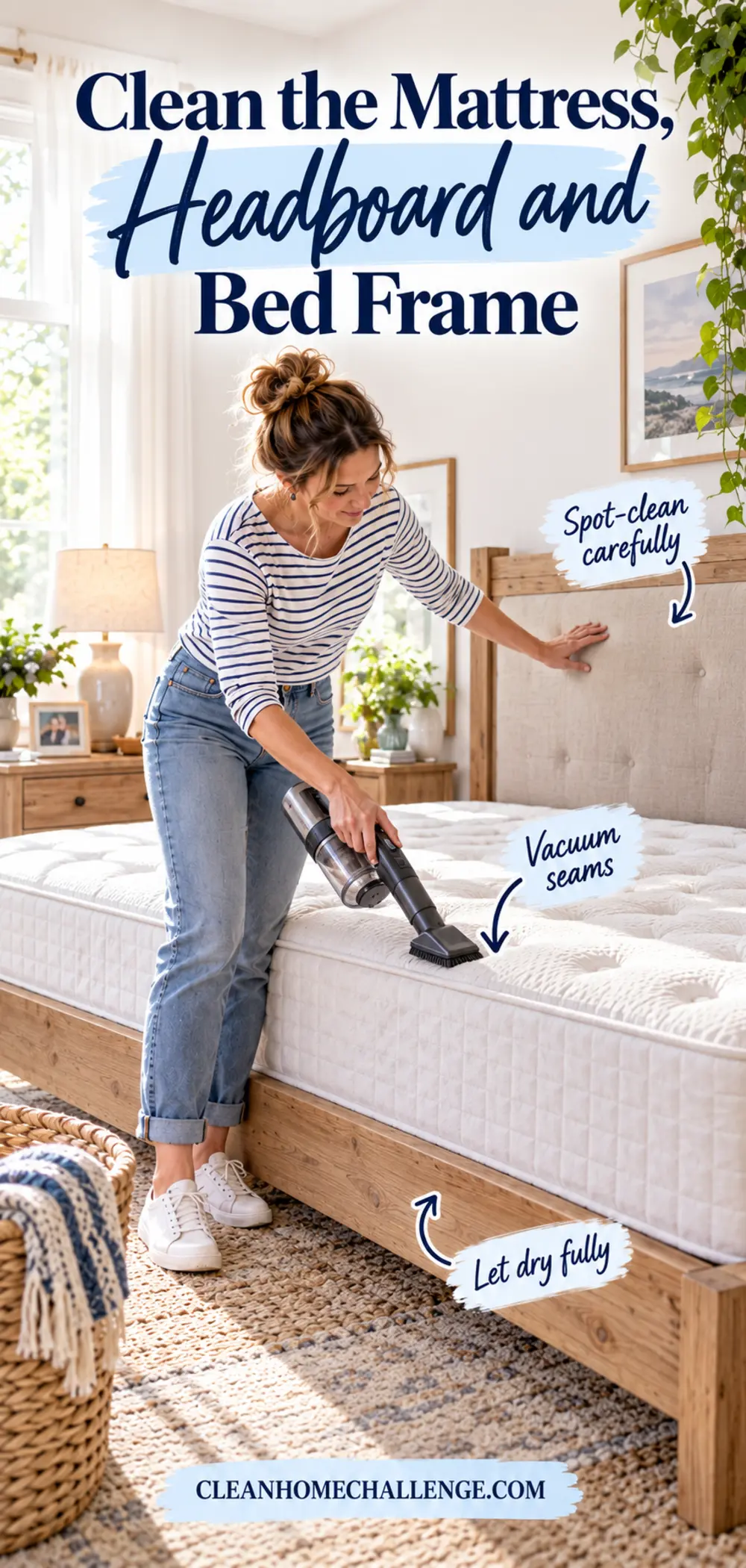 Mum vacuuming mattress seams with an upholstery attachment in a bright bedroom.