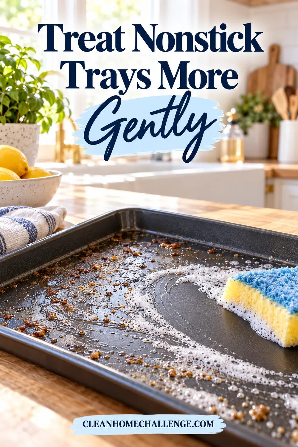 A soft sponge wipes suds from the surface of a dark nonstick oven tray.