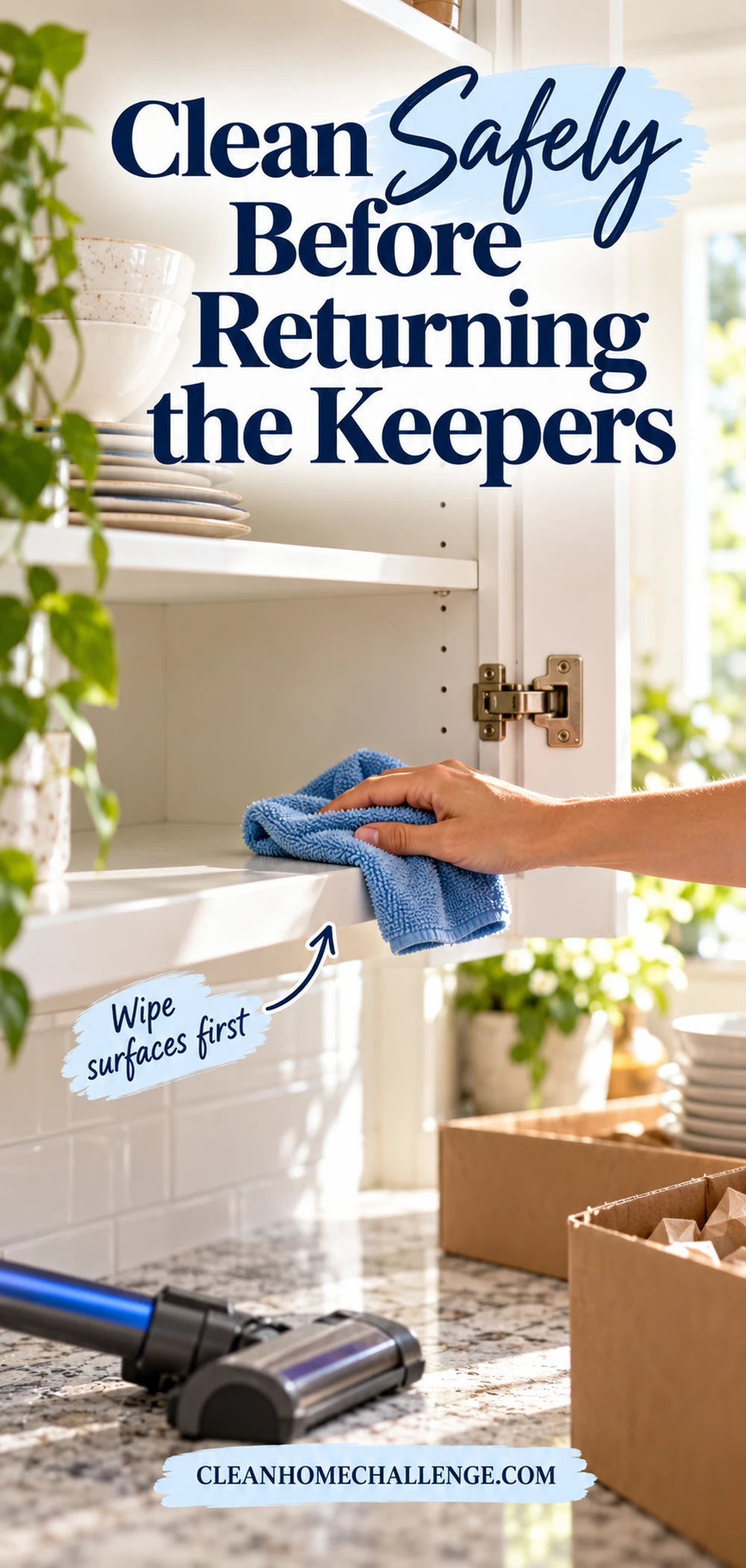 Empty kitchen shelf being wiped with a lightly damp microfiber cloth before food is returned.
