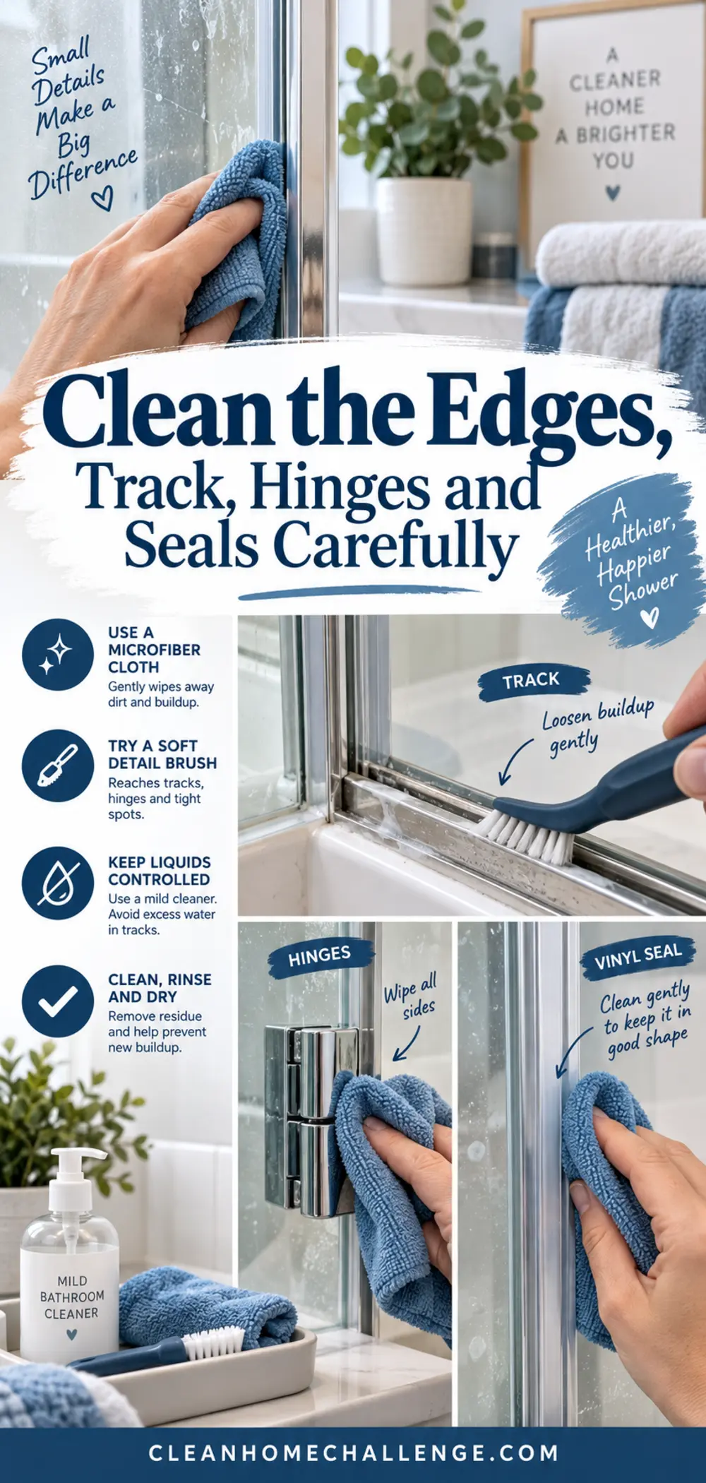 Close-up of shower-door track, hinge and seal being cleaned with a soft brush and microfiber cloth.