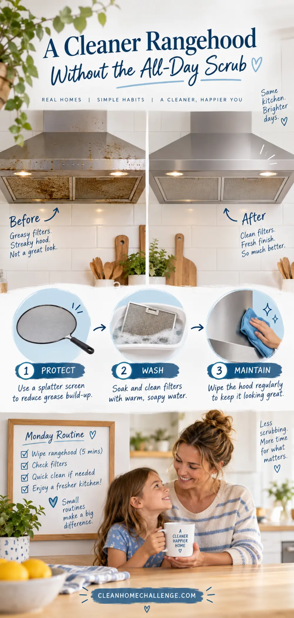 Before-and-after rangehood transformation with protect, wash and maintain steps and a Monday routine board.