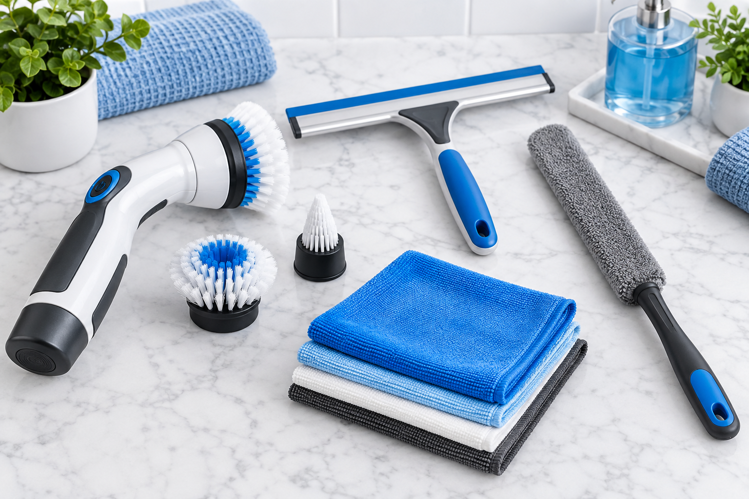 Useful cleaning brushes, scrubber, squeegee, duster and microfiber cloths