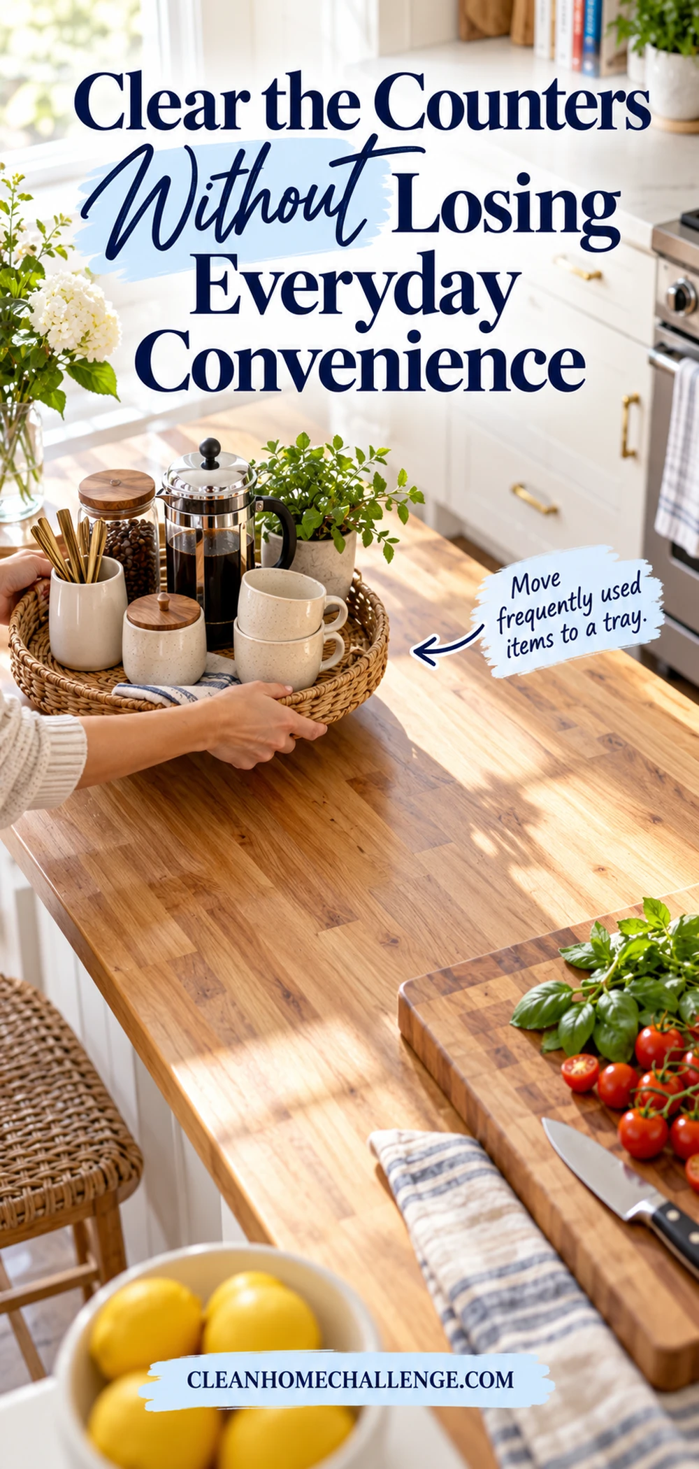 Clear kitchen counter with a compact coffee tray and an open food-preparation zone.