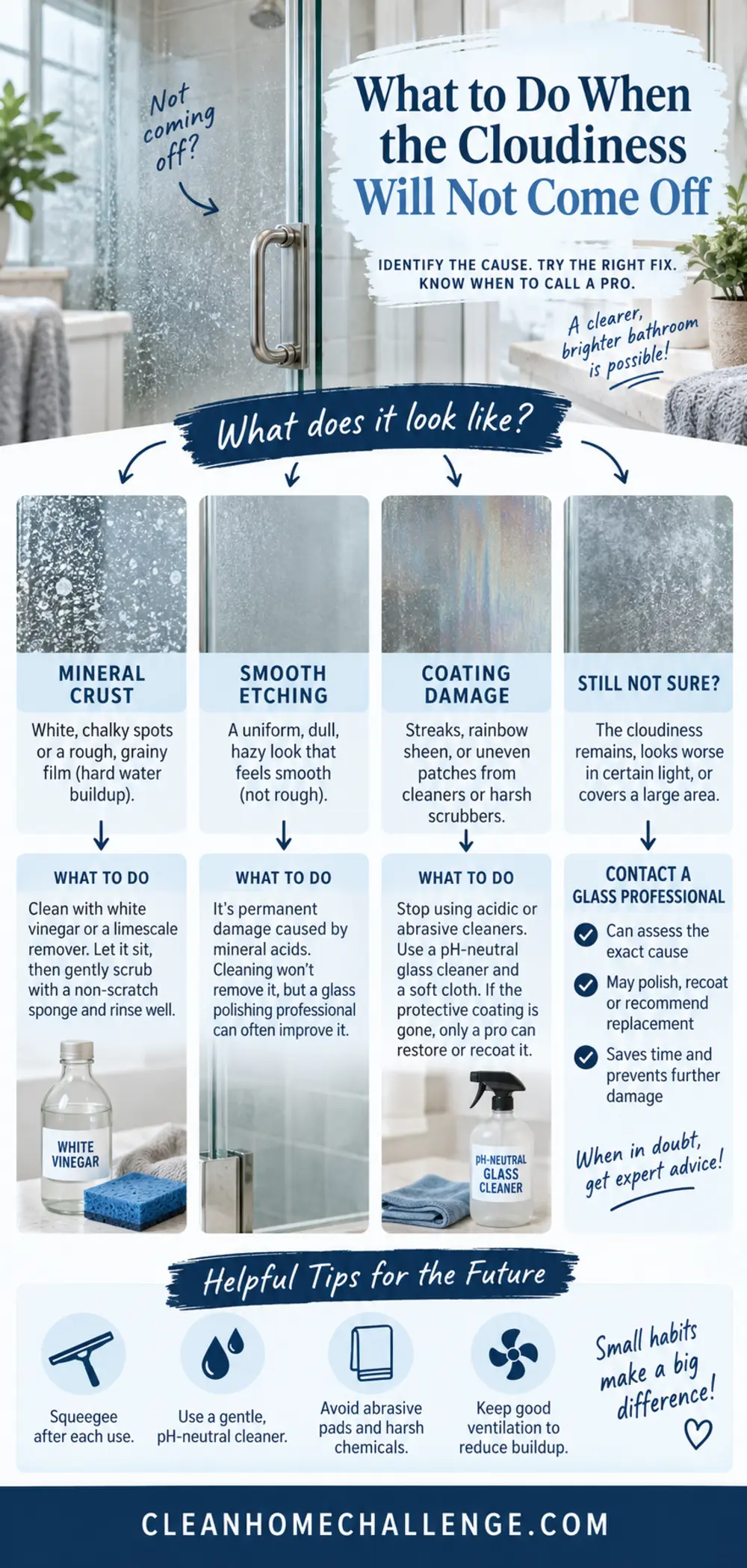 Troubleshooting chart comparing mineral crust, smooth etching, coating damage and professional help.