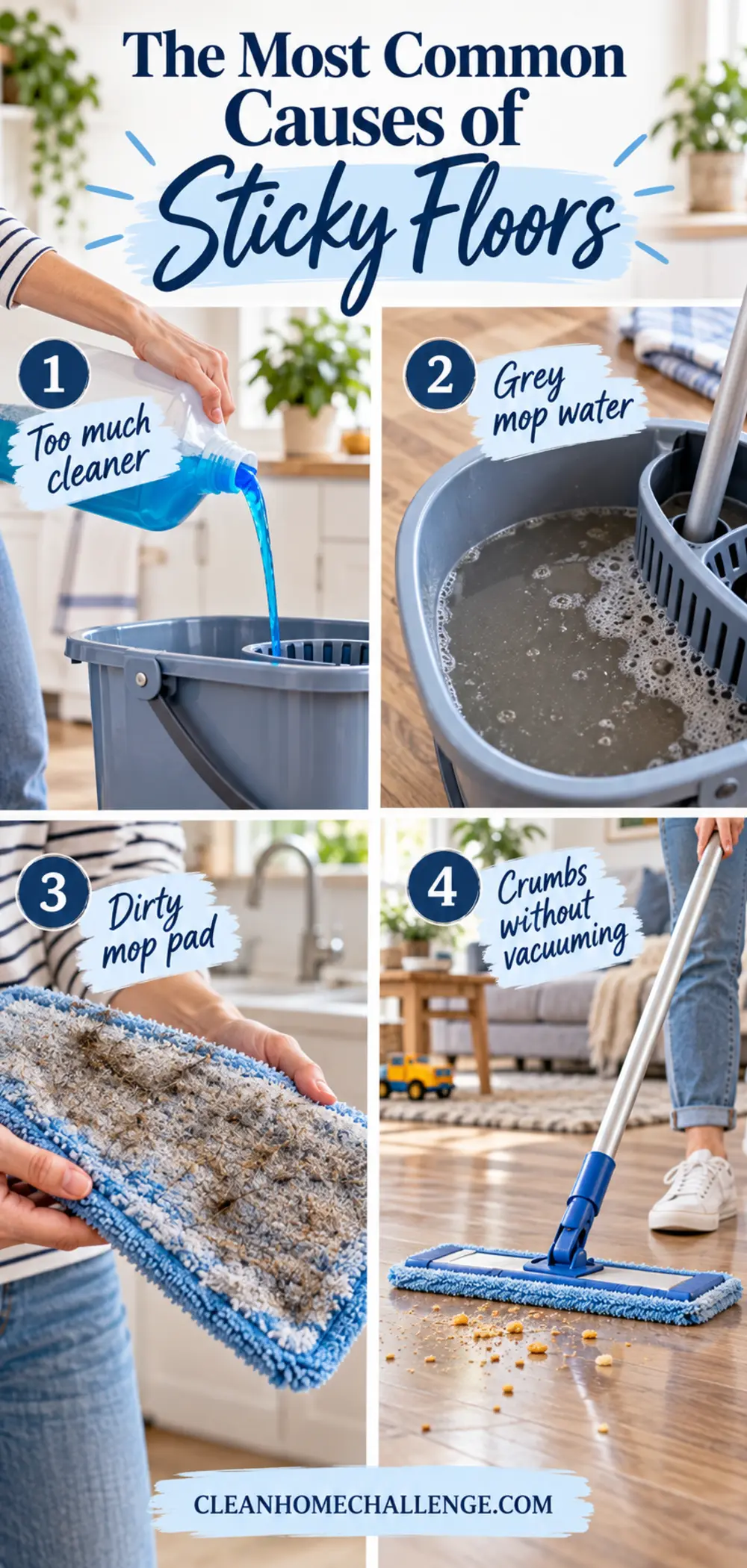 Hands measuring blue floor cleaner into a cap beside a bucket and flat mop.