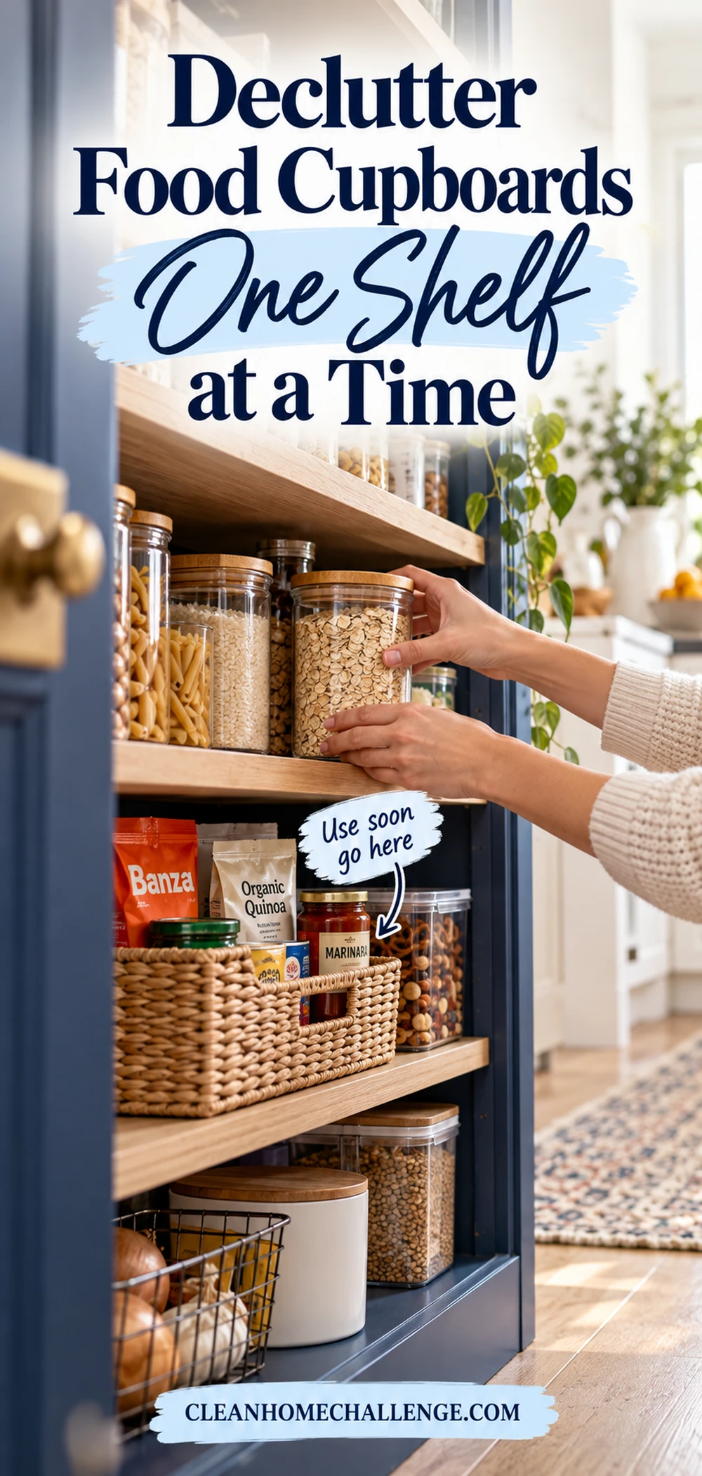 One pantry shelf being sorted into breakfast, baking, snacks, and canned-food groups.