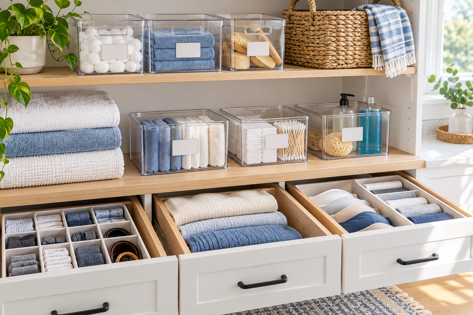 Clear storage containers, baskets and drawer dividers in an organised cupboard