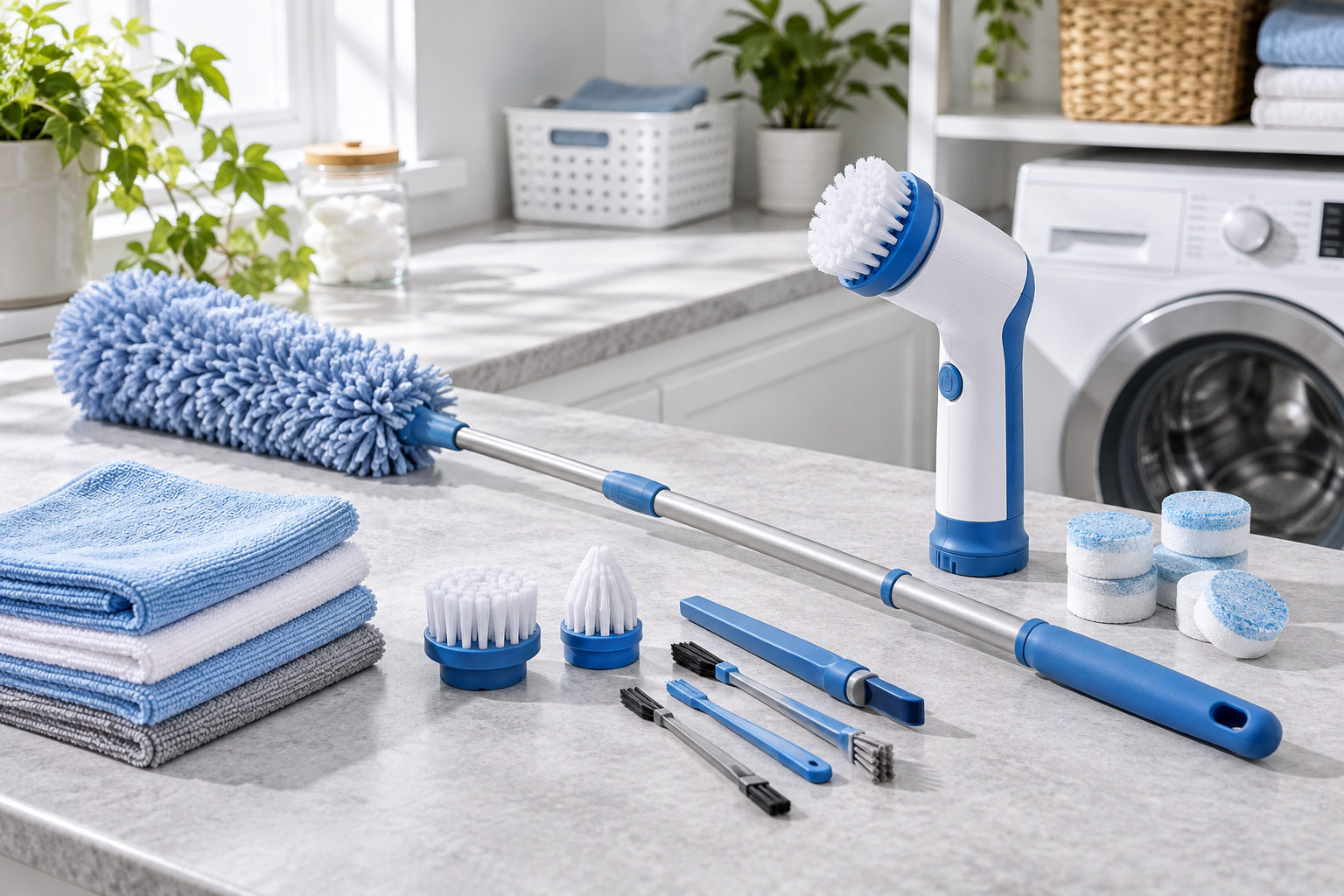 Deep-cleaning brushes, duster and reusable cloths on a utility bench