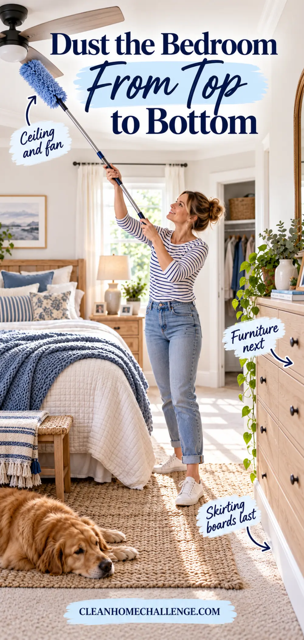Mum using a long-handled duster on a wardrobe with steps for ceiling, furniture and skirting boards.