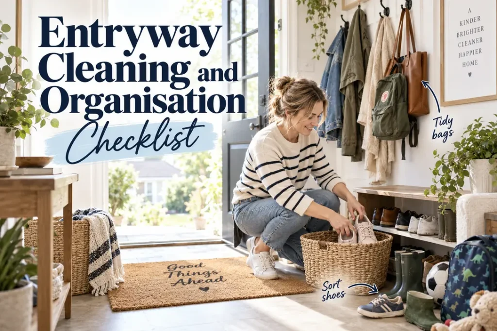 Mum organizing shoes in a bright family entryway with coats, bags, baskets and a clear walkway.