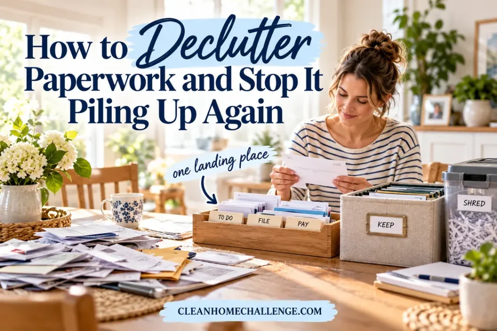Woman sorting a manageable pile of household paperwork into action and filing trays at a dining table.