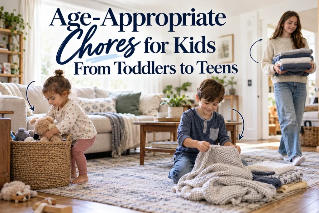 A toddler sorts toys, a child folds a blanket and a teen carries laundry in a sunlit family living room.