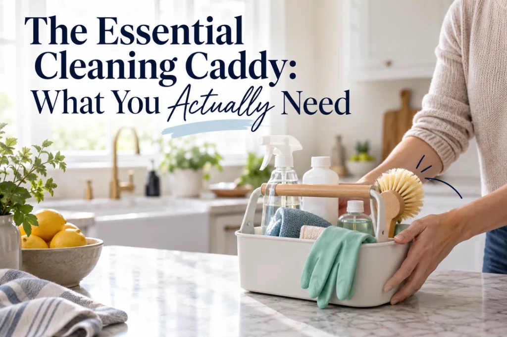 Adult placing a compact cleaning caddy with cloths, gloves, brush and cleaner on a kitchen counter.