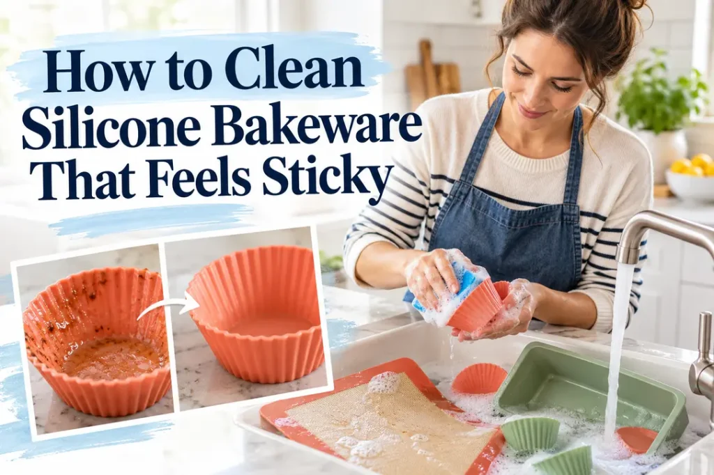 Woman washing sticky silicone bakeware in a bright kitchen.