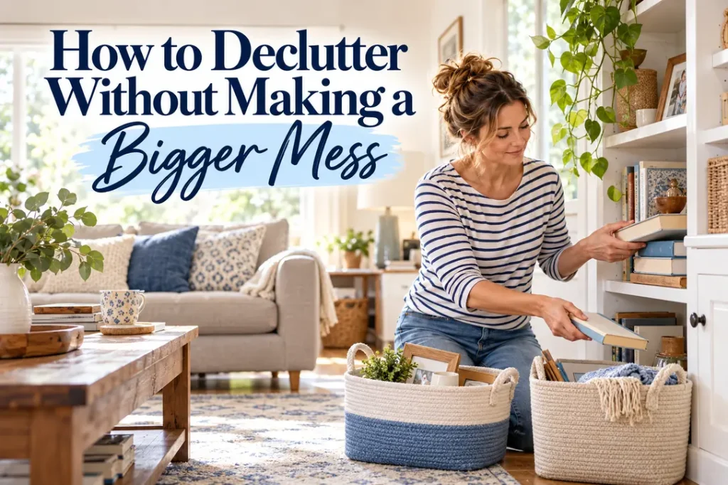 Woman sorting one living room bookshelf into baskets without spreading clutter across the floor