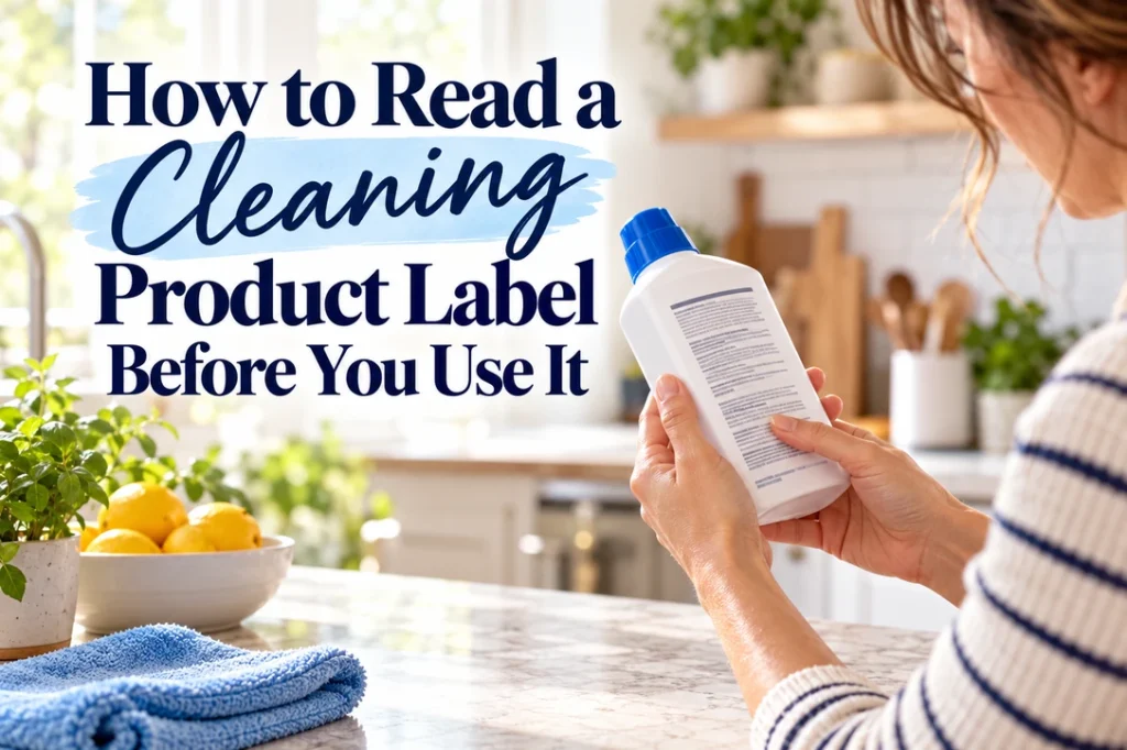 Adult reads the back of a cleaning product bottle at a sunny kitchen counter
