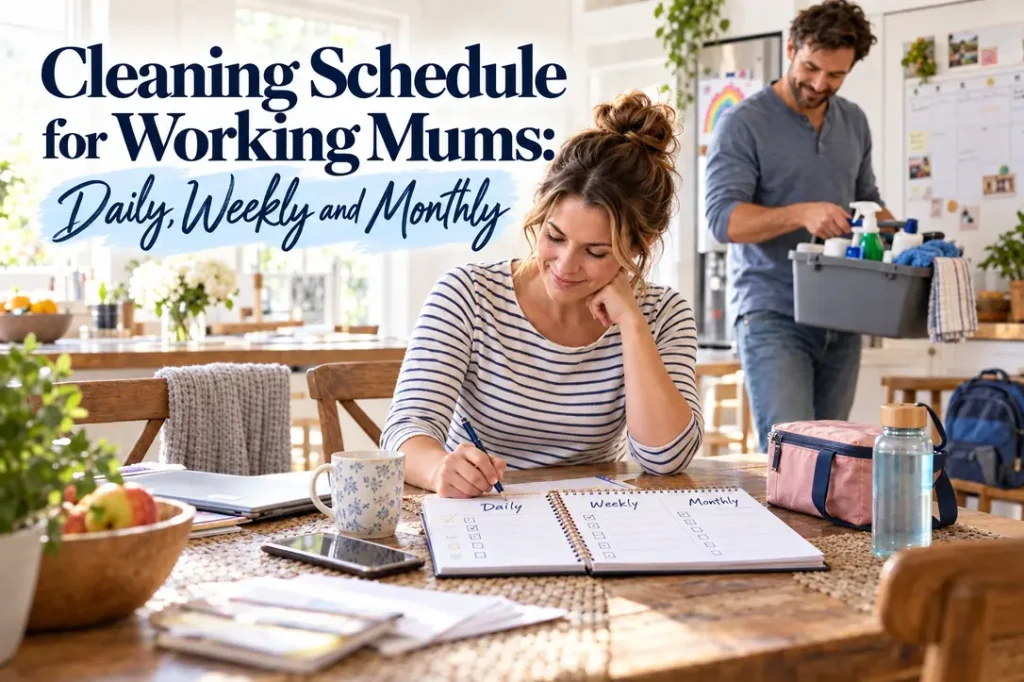 A working mother in a striped shirt plans daily, weekly and monthly cleaning while her partner carries a cleaning caddy.