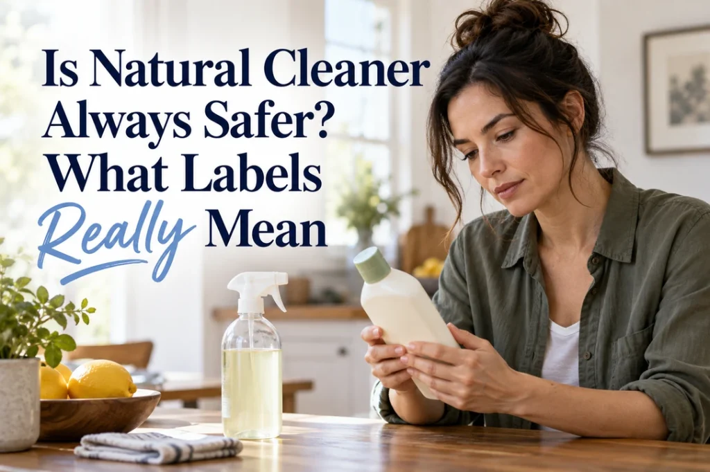 A woman reads a cleaner bottle beside another product on a kitchen table.