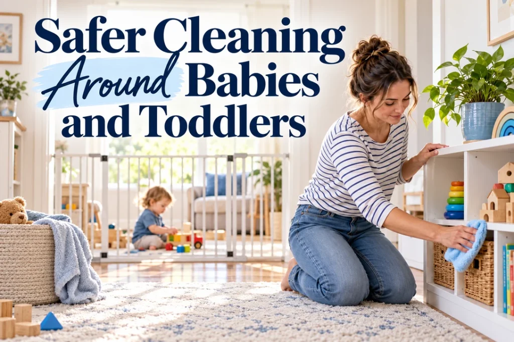 Parent wiping a low shelf in a family room