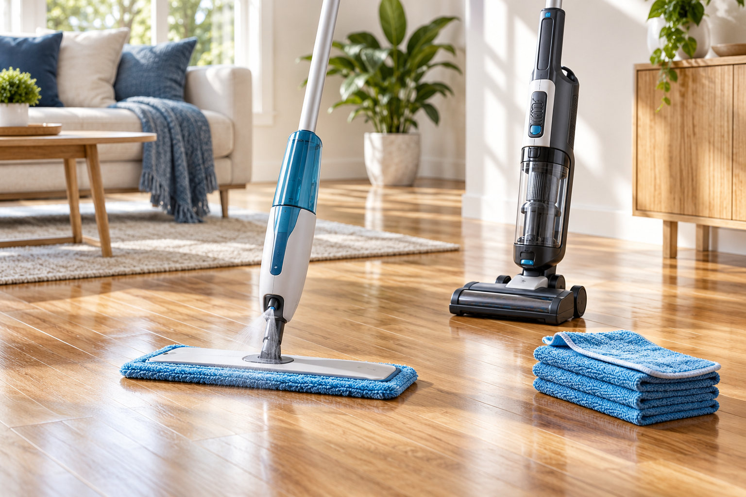 Spray mop, vacuum and washable pads on a clean timber floor