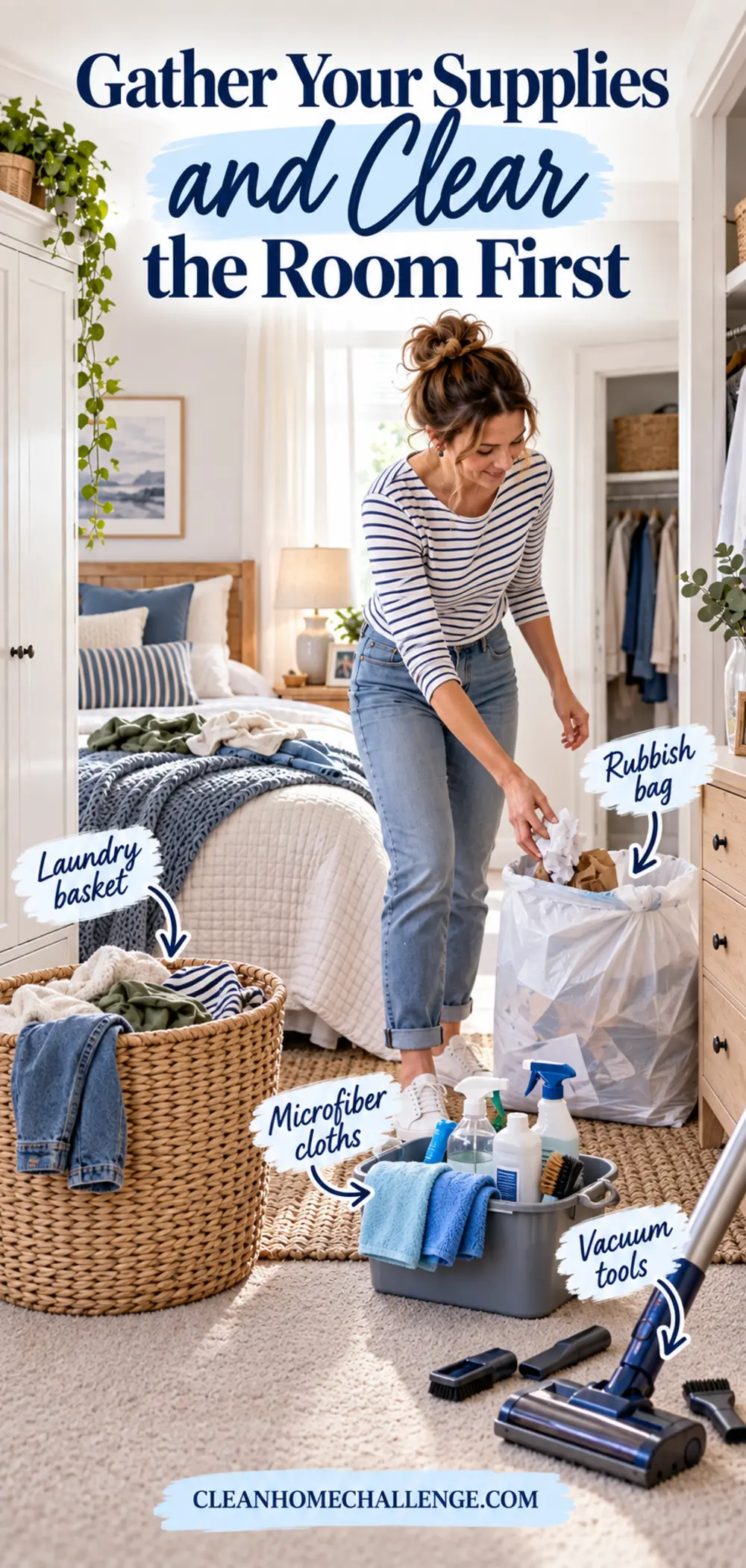 Mum stripping bedding in a bright bedroom with callouts to gather supplies, clear clutter and start laundry.