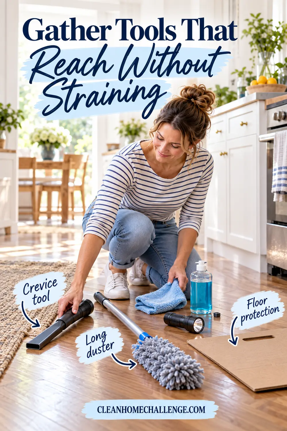 Woman arranging a vacuum crevice tool, long duster, flashlight, cloth, and floor protector in a bright kitchen.