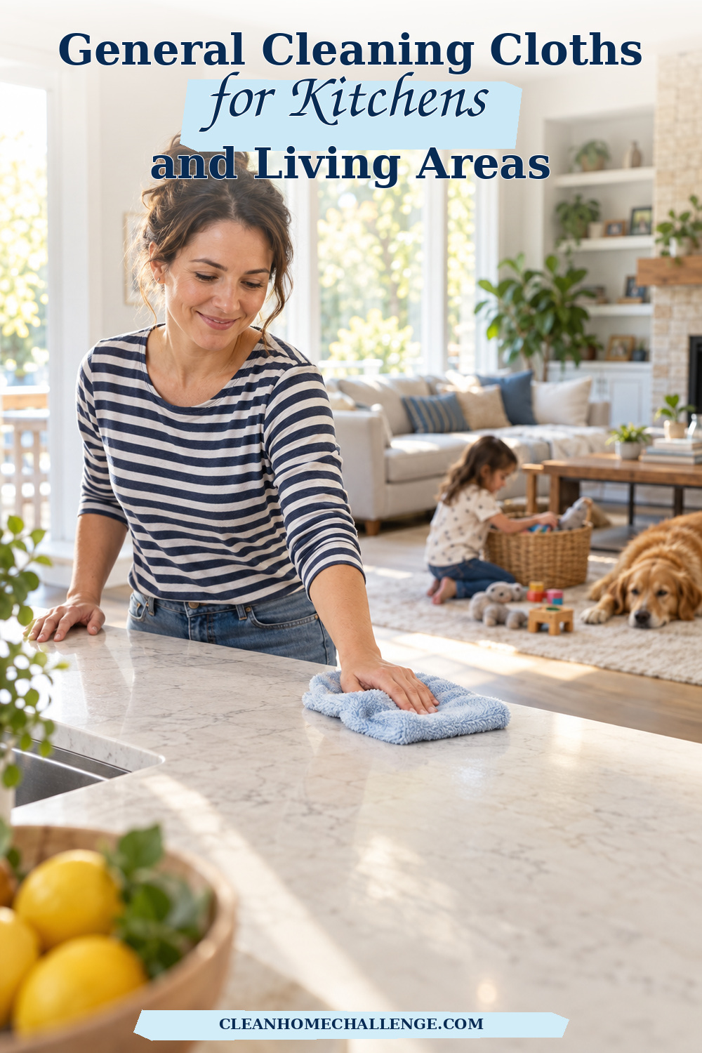 Mum wiping a kitchen counter with a plush blue microfiber cloth