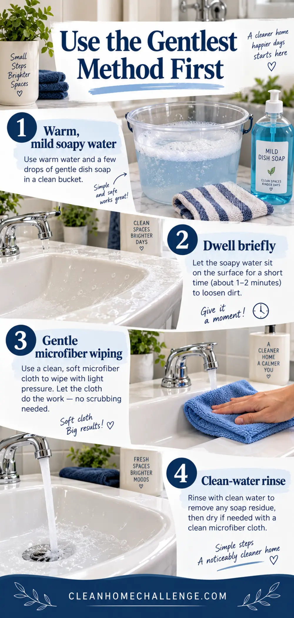 Four-step shower-glass method using mild soapy water, microfiber wiping, rinsing and squeegeeing.