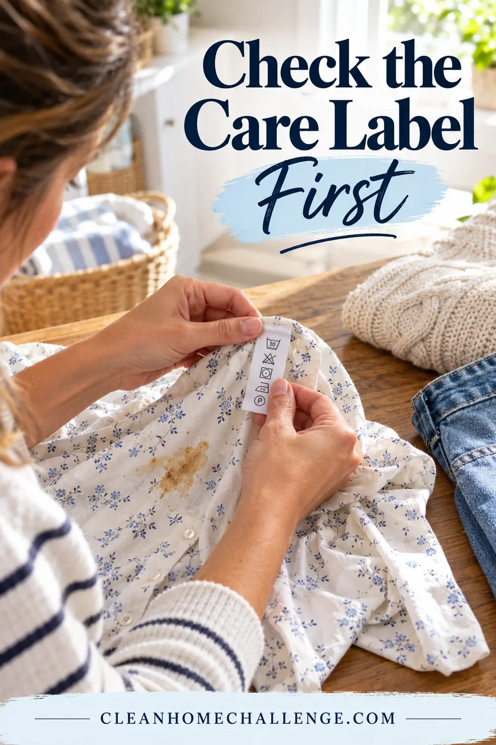 Striped-sweater woman reading a floral blouse care tag beside a laundry basket