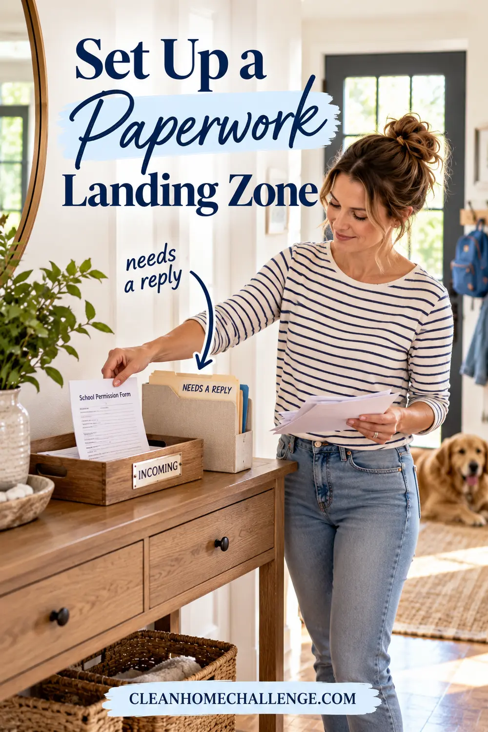 Woman placing a school form beside an incoming mail tray and action folder on an entryway console.
