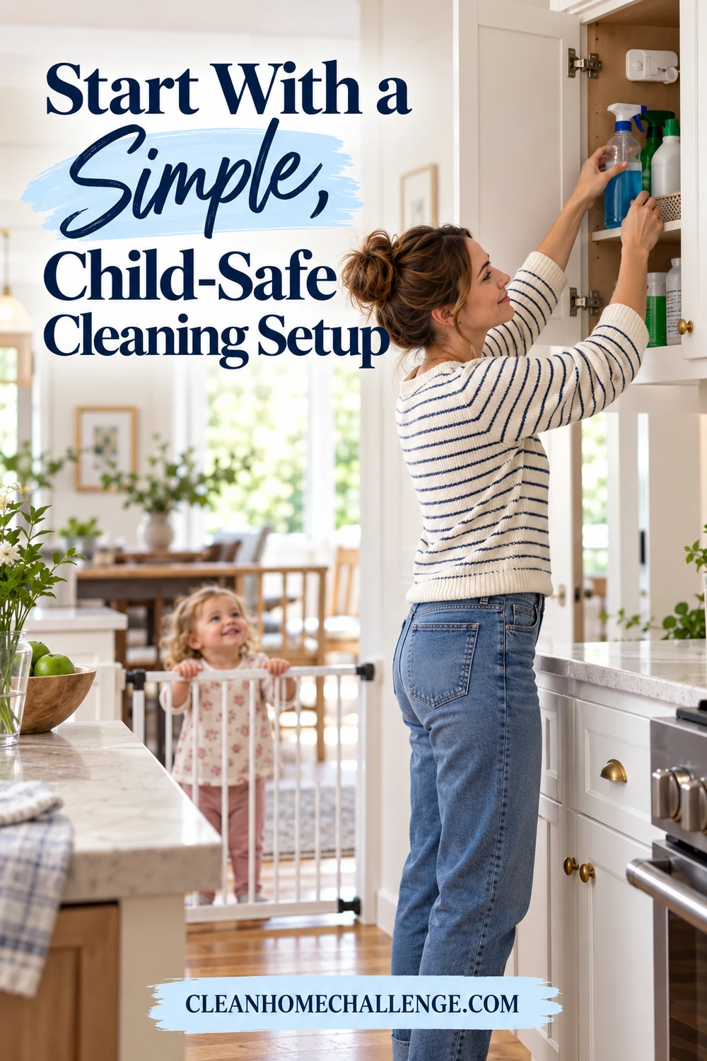 Adult placing cleaners in an upper cabinet while a toddler remains behind a gate