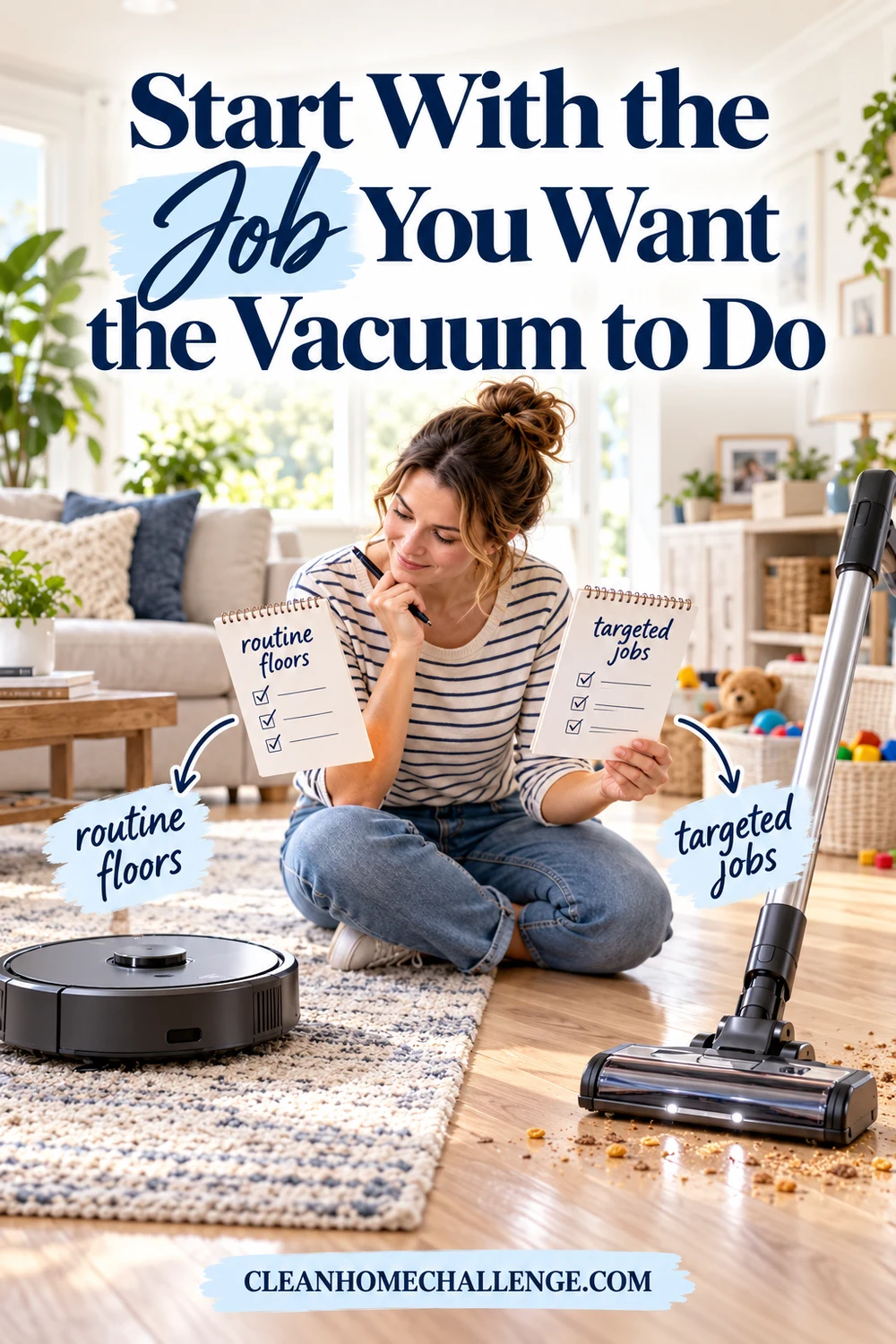 a busy mom comparing a robot vacuum and cordless stick vacuum beside two short task lists in a bright family living room