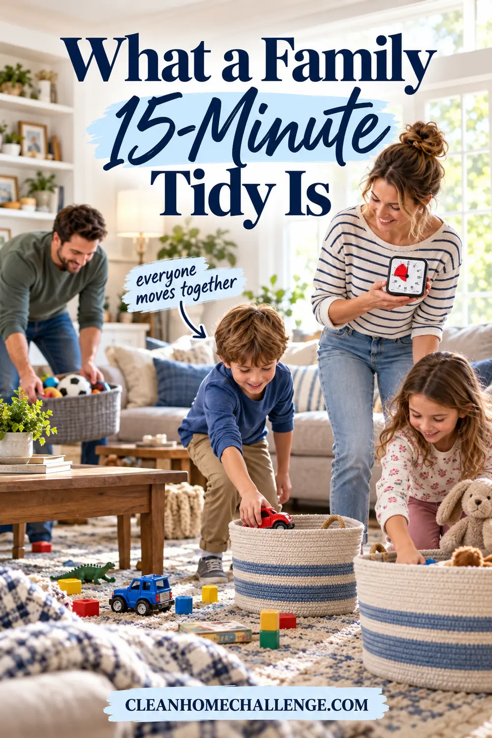 Family collecting toys and dishes together in a living room while a 15-minute timer runs.