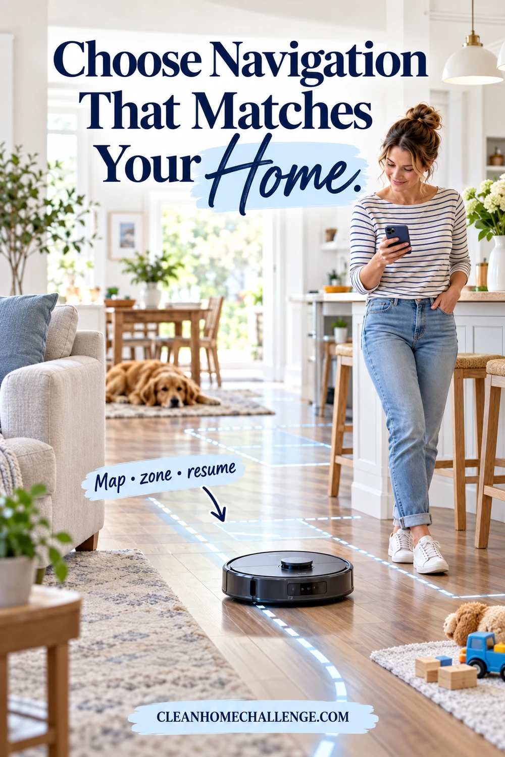 a robot vacuum following an orderly mapped route through a believable open-plan family home, with a phone map visible but no readable interface text